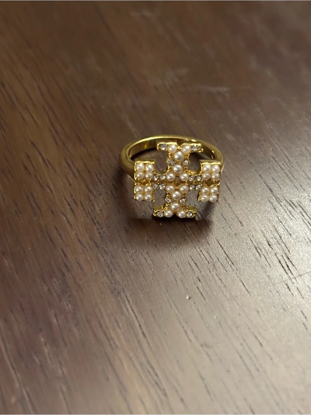 Tory Burch Gold plated Pearl and Crystal Logo Ring size 7